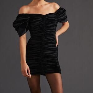 Anthro Hutch Velvet Mini Dress Puff-Sleeves Off-Shoulder Ruched Black Size 2 New